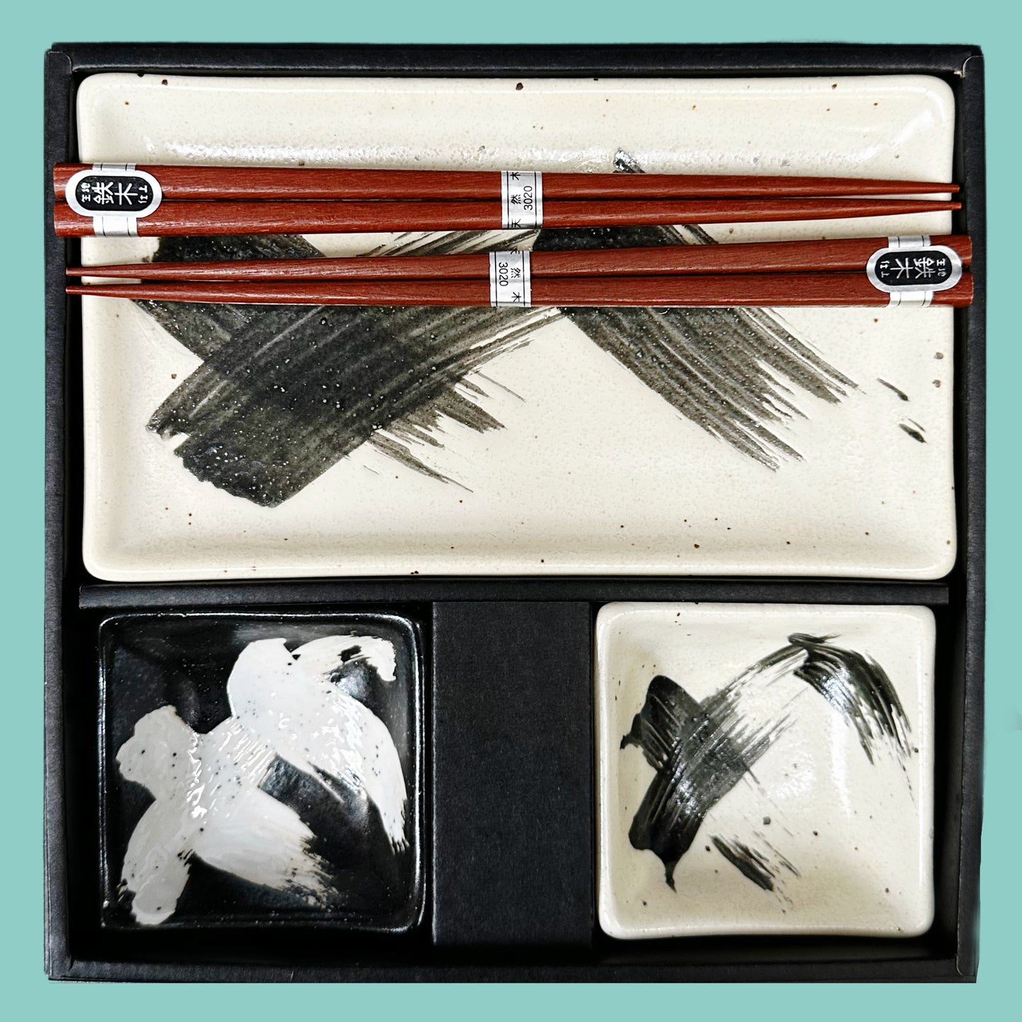 Japanisches Sushi Set (1 Sushi Teller 25cm, 2 Schüsseln & 2 Paar Essstäbchen)