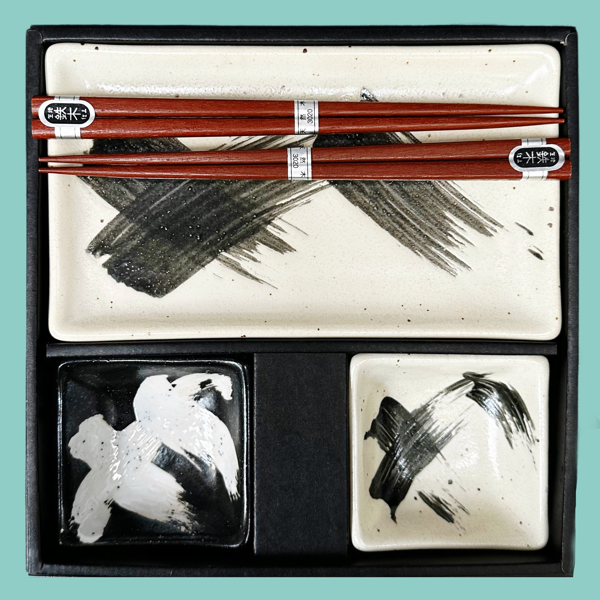 Japanisches Sushi Set (1 Sushi Teller 25cm, 2 Schüsseln & 2 Paar Essstäbchen)  