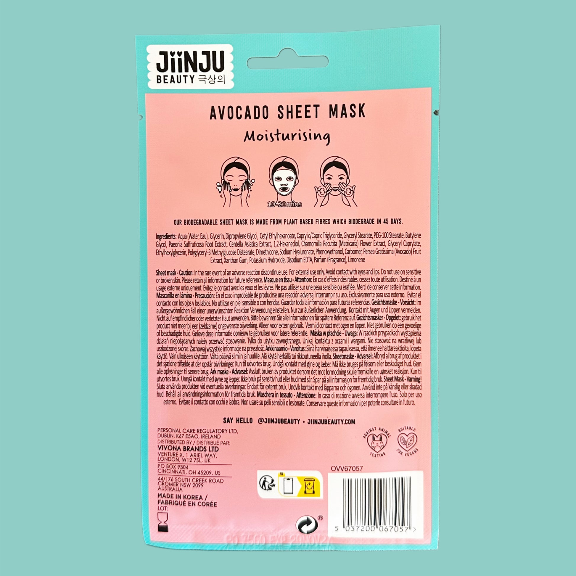Jiinju Beauty feuchtigkeitsspendende Gesichtstuchmaske Avocado (1 Stk.) hinten