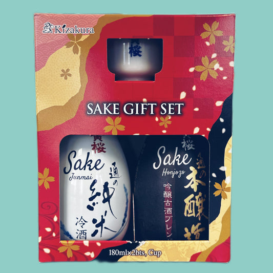 Kizakura Sake Geschenkset (Honjozo & Junmai 15% vol. 2x180ml mit Sakeglas)